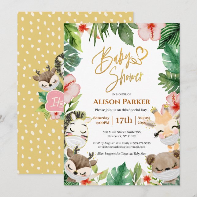 Invitation Cute Safari Rose Floral Vert Bébé Fille Douche (Devant / Derrière)