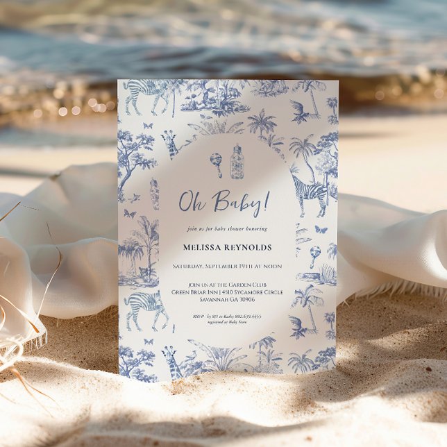 Invitation Cute Safari Toile de Jouy | Baby shower bleu (Créateur téléchargé)