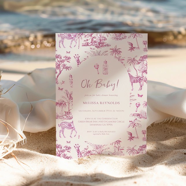 Invitation Cute Safari Toile de Jouy | Baby shower rose (Créateur téléchargé)