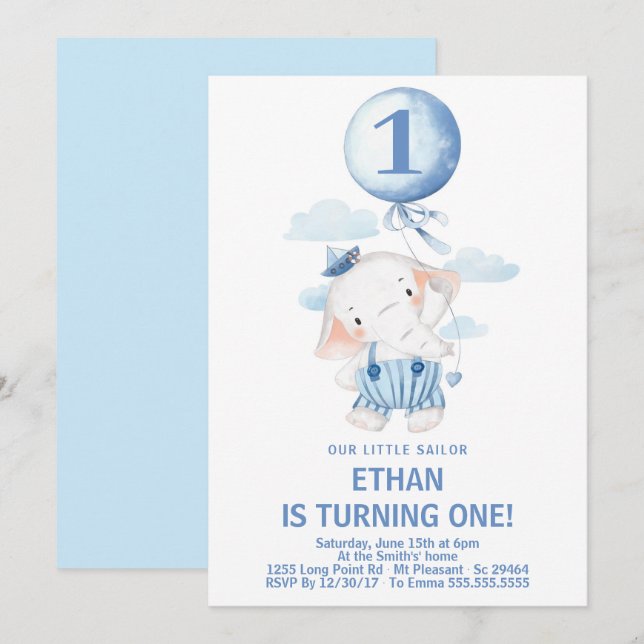 Invitation Cute Sailor Elephant Boy 1er anniversaire (Devant / Derrière)