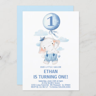 Invitation Cute Sailor Elephant Boy 1er anniversaire