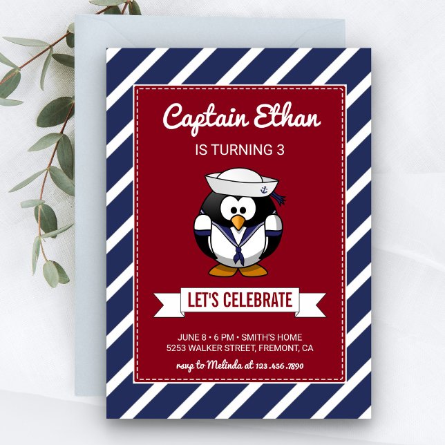 Invitation Cute Sailor Penguin Nautique Anniversaire Invitati (Créateur téléchargé)