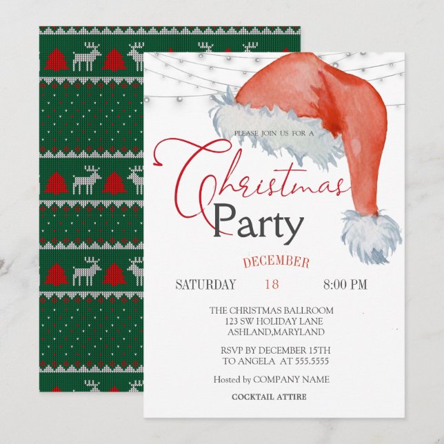 Invitation Cute Santa Hat String Lights Christmas Company (Devant / Derrière)
