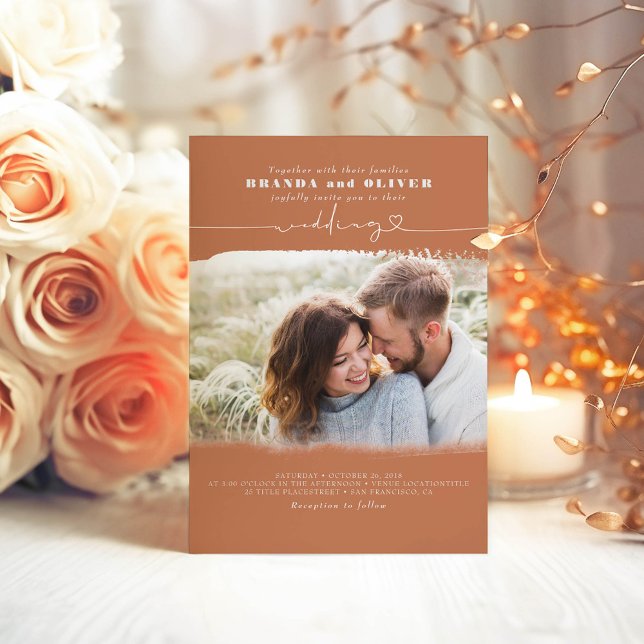 Invitation Cute Script Terracotta Photo Overlay Wedding (Terracotta Wedding Photo Invitations)