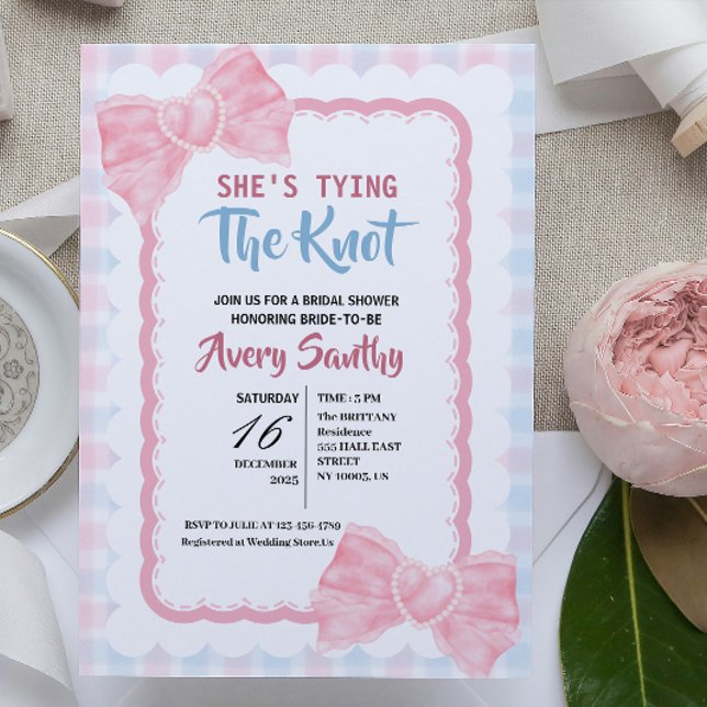 Invitation Cute She's Tying the Knot Pink Blue Bridal Shower (she's tying the knot minimalist pink bow bow bridal shower chic feminine typography whimsical simple)