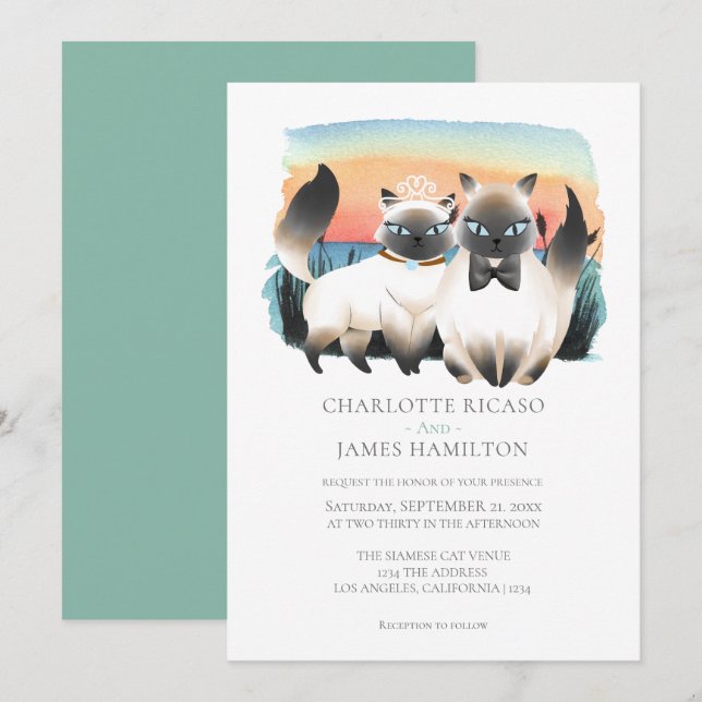 Invitation Cute Siamese Chat Couple Mariage Personnalisé (Devant / Derrière)
