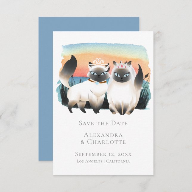 Invitation Cute Siamese Chat Gay Couple Enregistrer La Date M (Devant / Derrière)