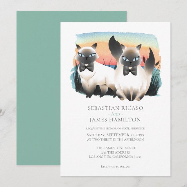 Invitation Cute Siamese Chat Gay Couple Mariage Personnalisé (Devant / Derrière)