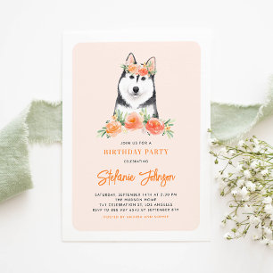 Invitation Cute Sibérienne Husky Peach Floral Anniversaire de