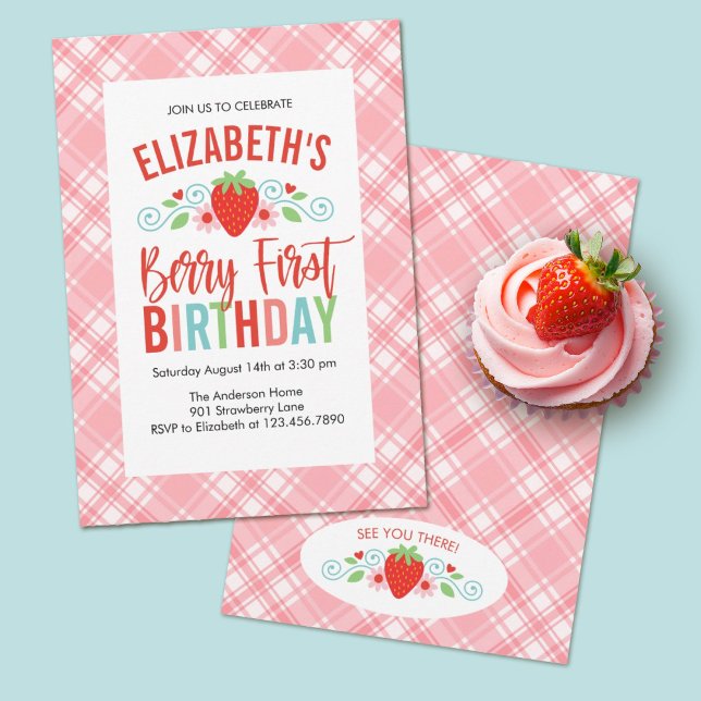 Invitation Cute simple Berry Rouge doux Anniversaire (Berry first birthday party invitations make a sweet theme for a girls first birthday party.)