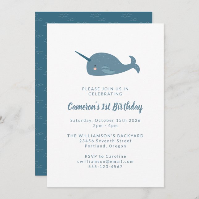 Invitation Cute Simple Narwhal Océan Bleu 1er anniversaire fê (Devant / Derrière)