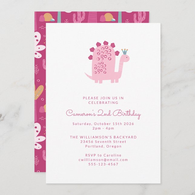 Invitation Cute Simple Pink Dinosaur 2e anniversaire (Devant / Derrière)