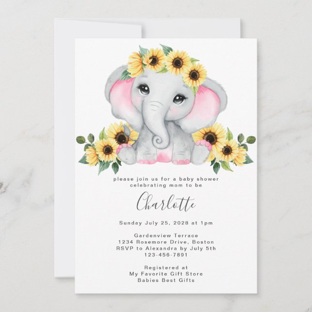 Invitation Cute Simple Sunflower Elephant Baby Girl Douche (Devant)