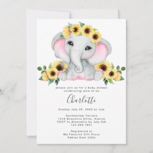 Invitation Cute Simple Sunflower Elephant Baby Girl Douche