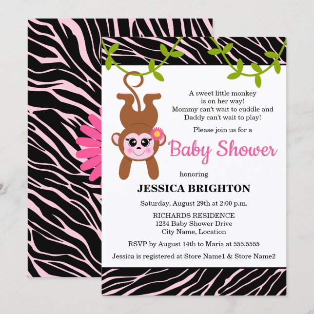 Invitation Cute singe Zebra Stripes Baby shower (Devant / Derrière)