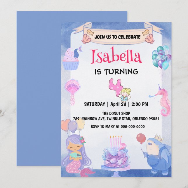 Invitation Cute Sirène Ange arc-en-ciel 4e fête d'anniversair (Devant / Derrière)