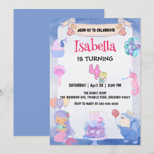 Invitation Cute Sirène Ange arc-en-ciel 4e fête d'anniversair