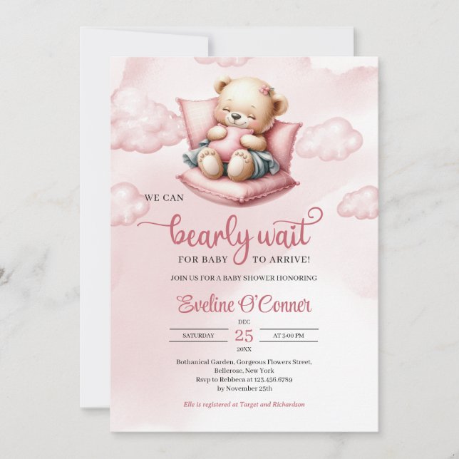Invitation Cute sleeping bear we can bearly wait for baby (Devant)
