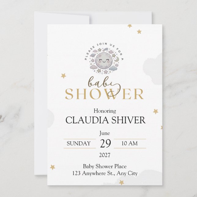 Invitation Cute Smiling Moon with Stars and Clouds (Devant)