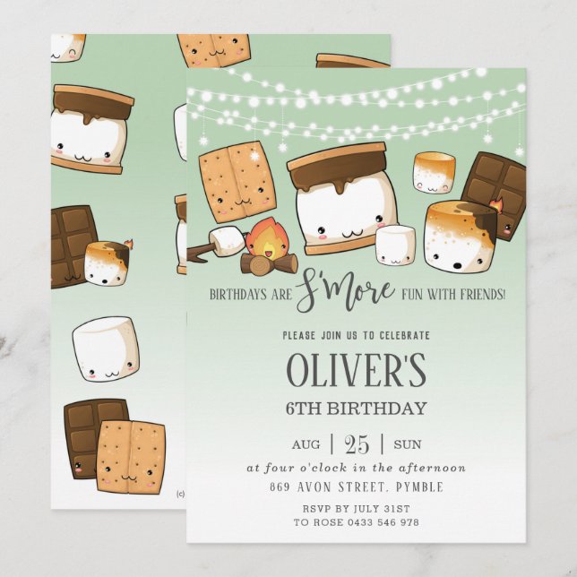 Invitation Cute S'more Smores Camping Bonfire Anniversaire Ve (Devant / Derrière)