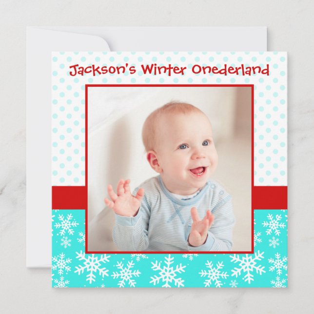 Invitation Cute Snowflakes Winter Onederland Photo Turquoise  (Devant)