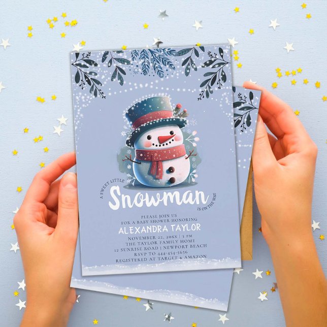Invitation Cute Snowman Lumières magiques Winter Boy Baby sho (sweet little snowman magical winter wonderland baby boy shower invitation children watercolor)