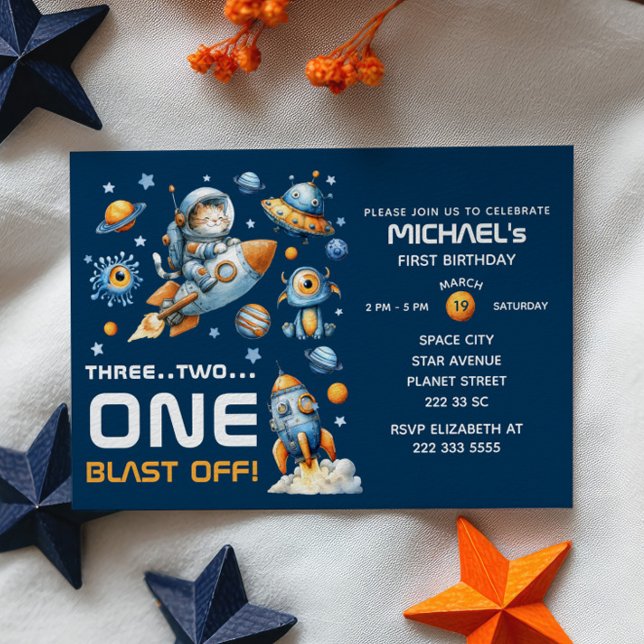 Invitation Cute Space Astronaut Cat Blast Off 1st Birthday (Créateur téléchargé)