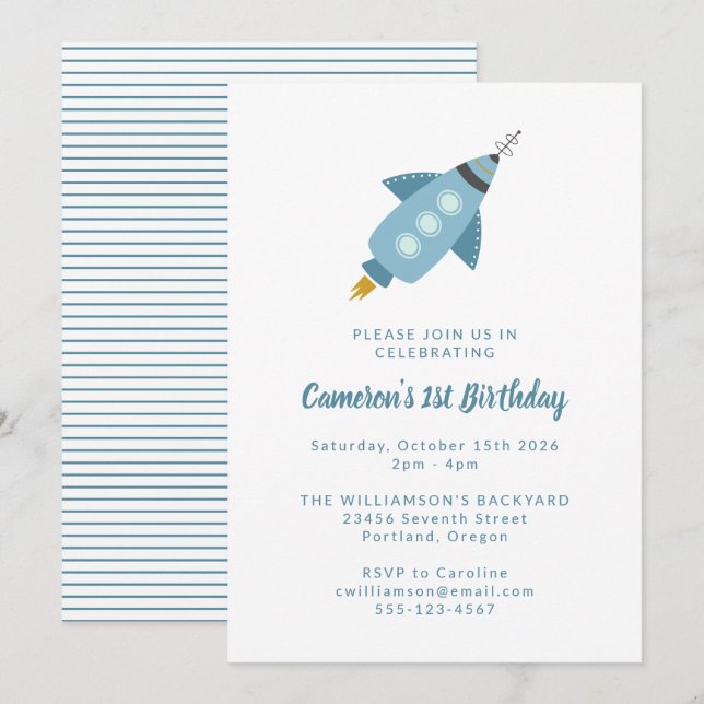 Invitation Cute Space Rocket Ship Blue 1ère fête d'anniversai (Devant / Derrière)