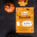 Invitation Cute Spooktacular Kids Halloween Anniversaire<br><div class="desc">Jolie invitation de fête d'anniversaire Halloween avec Spooktacular écrit dans une combinaison de polices amusantes, le double o's dans spook conçu pour ressembler à de grands yeux. Le texte est entouré d'étoiles, d'araignées et d'une chauve-souris. Et un mignon fantôme indique à vos invités le nom et l'âge de l'enfant d'anniversaire....</div>