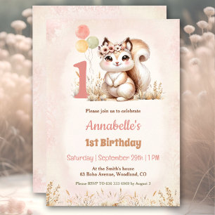 Invitation Cute Squirrel Woodland Boho Girl 1er anniversaire