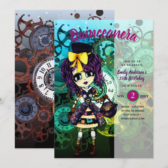 Invitation Cute STEAMPUNK Girl Cosplay Anniversaire (Devant / Derrière)