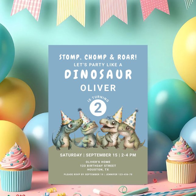 Invitation Cute Stomp, Chomp et Roar Dinosaur 2e anniversaire (Cute Stomp, Chomp & Roar Dinosaur 2nd Birthday Invitation)