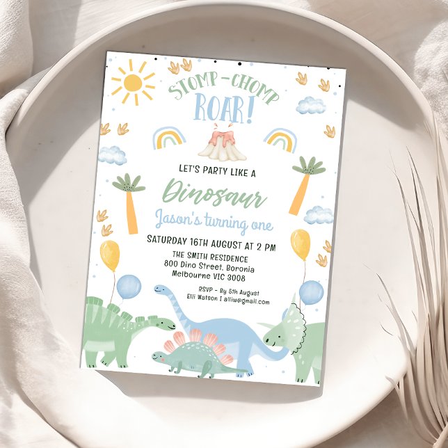 Invitation Cute Stomp Chomp Roar Dinosaur 1er anniversaire (Stomp Chomp Roar Party Like A Dinosaur Birthday Invitation Boy, Dinosaur Themed 1st Birthday Invite)