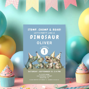 Invitation Cute Stomp Chomp & Roar Dinosaur 1er anniversaire