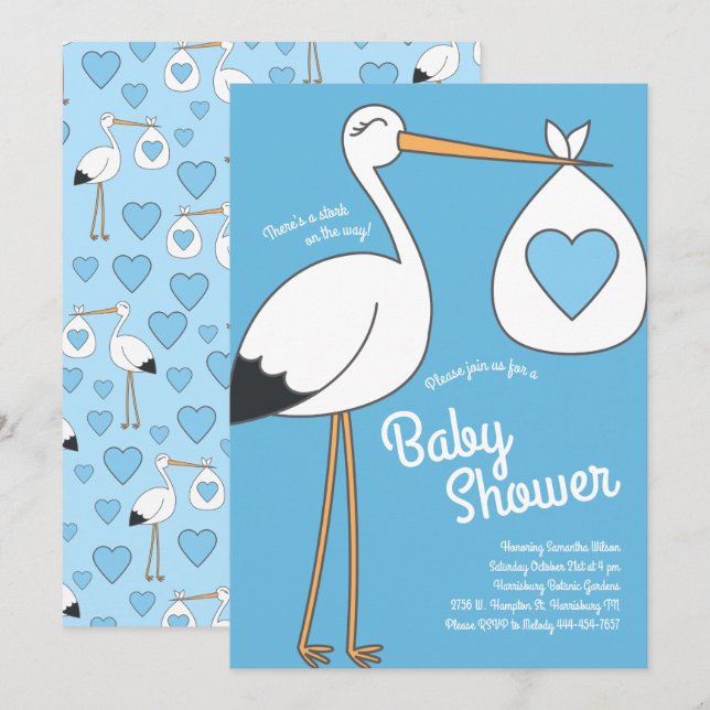 Invitation Cute Stork Baby shower Mod Blue Boy (Devant / Derrière)