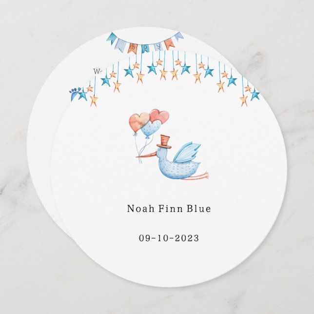 Invitation Cute Stork Bird With Balloons Blue Baby Boy Card (Devant / Derrière)