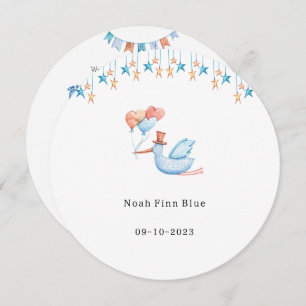 Invitation Cute Stork Bird With Balloons Blue Baby Boy Card