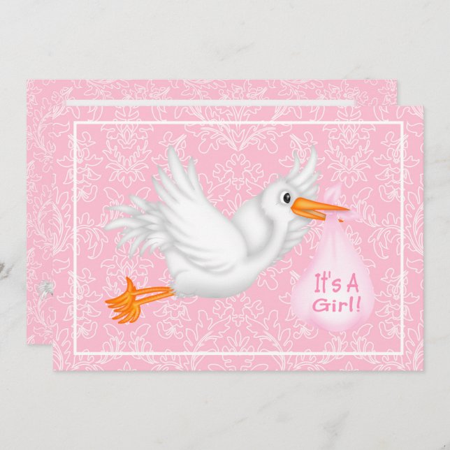Invitation Cute Stork C'est une fille rose Baby shower Invita (Devant / Derrière)