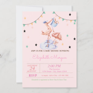 Invitation Cute Stork Petit Lapin Baby shower