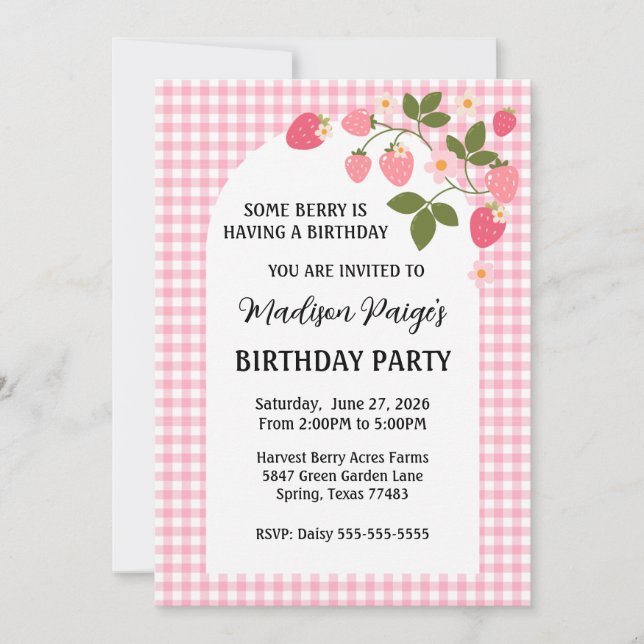 Invitation Cute Strawberry Pink Gingham Girls Birthday  (Devant)
