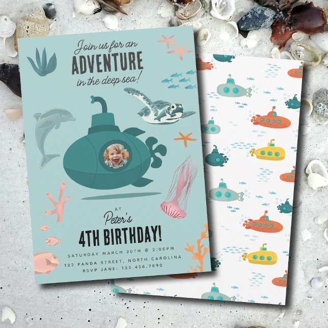 Invitation Cute Submarine Deep Sea Birthday Kids Photo (Cute Submarine Deep Sea Birthday Kids Photo Invitation)