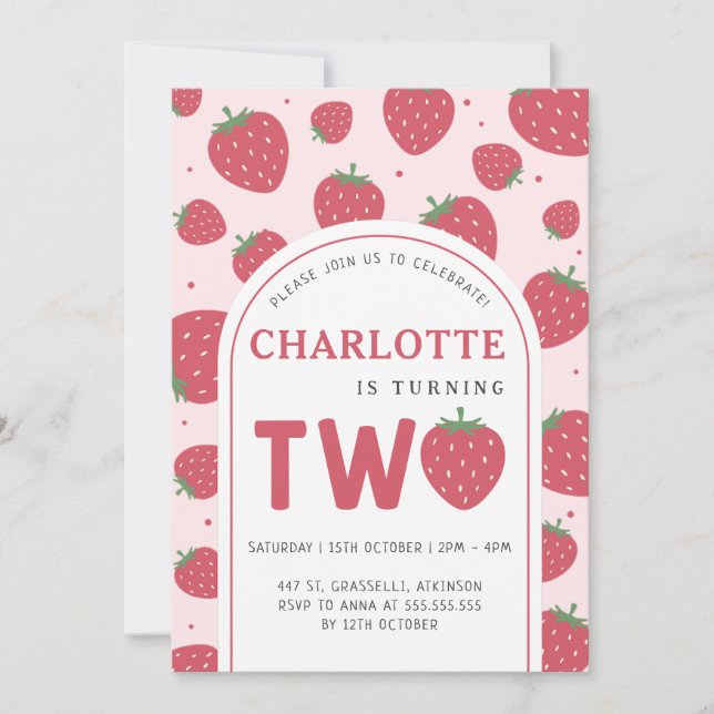 Invitation Cute sucrée fraise 2e fête d'anniversaire rose (Devant)