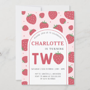 Invitation Cute sucrée fraise 2e fête d'anniversaire rose