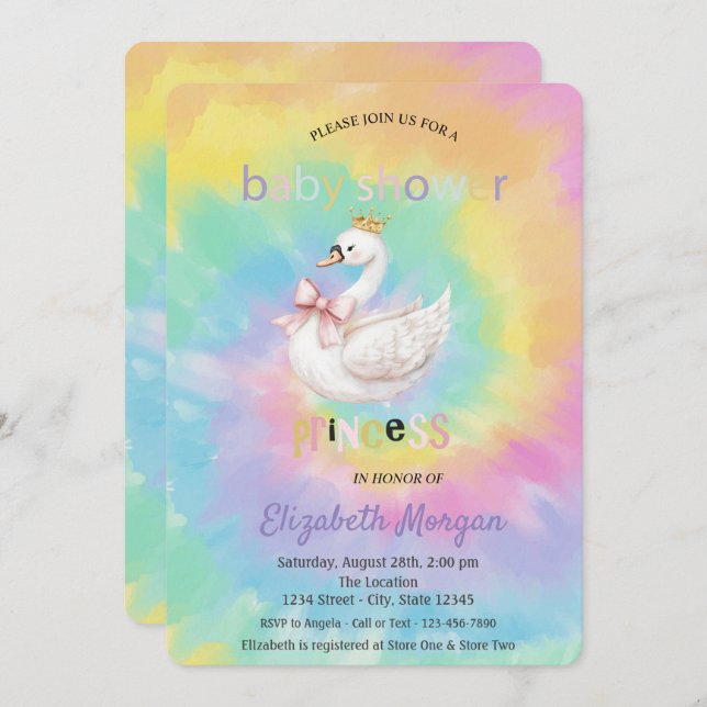 Invitation Cute Swan Crown Bow Tie Dye Baby Shower  (Devant / Derrière)