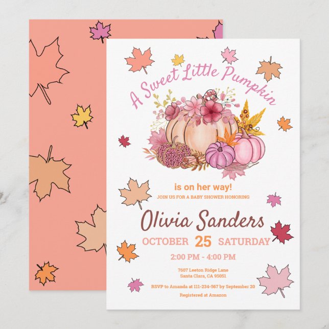 Invitation Cute Sweet Little Citrouille Feuilles d'automne Ba (Devant / Derrière)