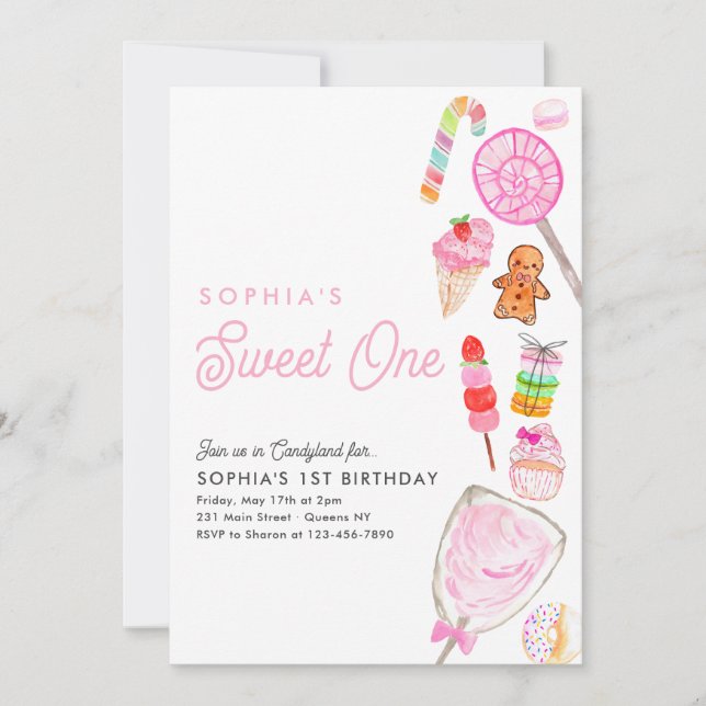 Invitation Cute SWEET ONE Candy Kids Candyland 1er anniversai (Devant)