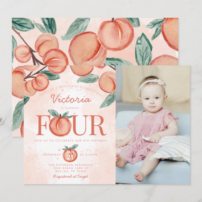 Invitation Cute Sweet Peach tournant QUATRE fête d'anniversai (Devant / Derrière)