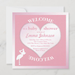 Invitation Cute Sweet Rose cigogne Coeur bébé fille Douche