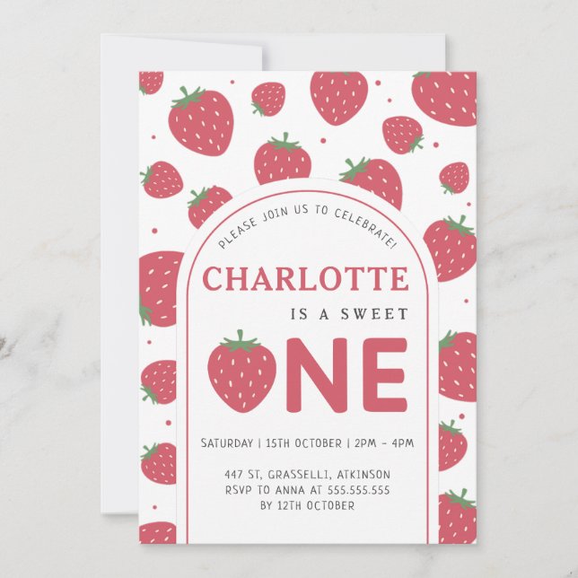 Invitation Cute Sweet Strawberry 1er fête d'anniversaire (Devant)