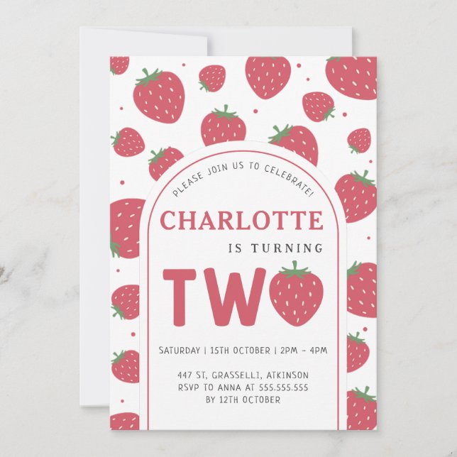 Invitation Cute Sweet Strawberry 2e fête d'anniversaire (Devant)